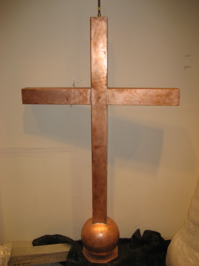 Six foot tall copper cross for top of First Presbyterian Church in Greenwich, CT