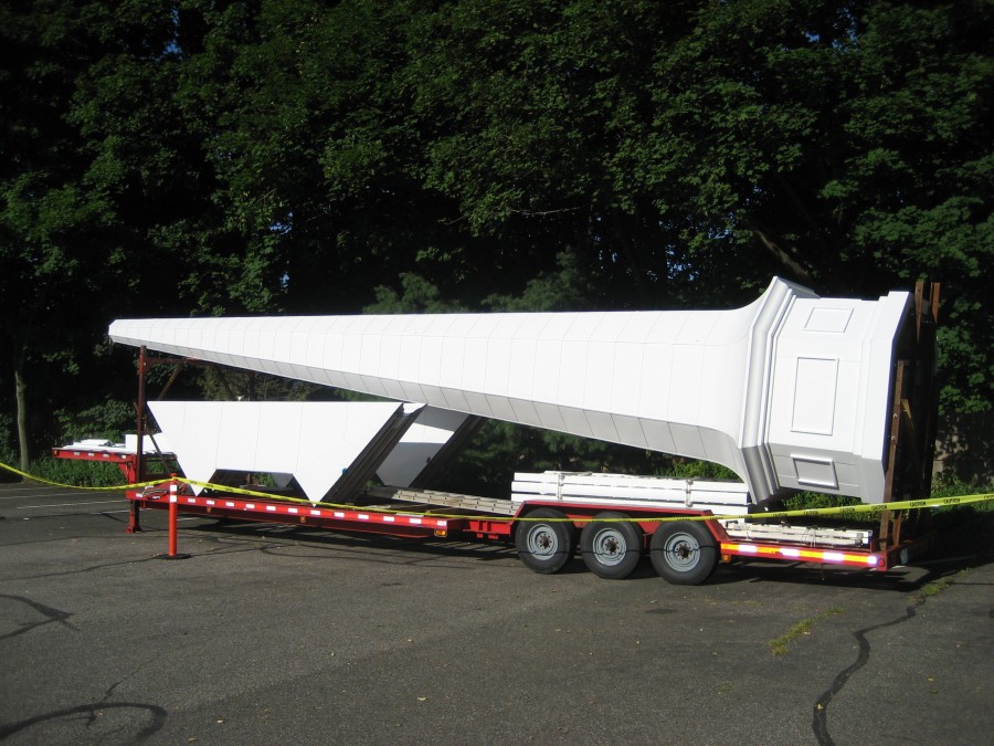 Steeple sections, fabricated in Kentucky are delivered on custom trailers